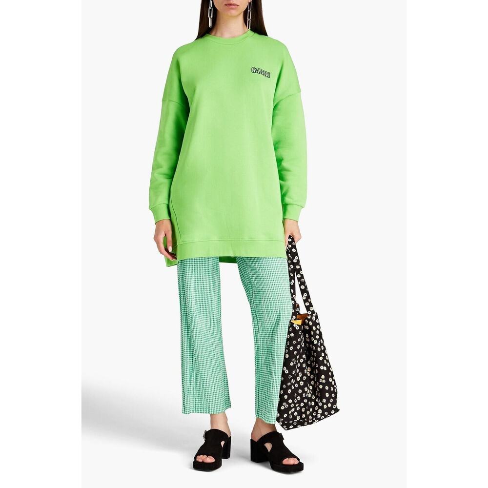 GANNI Size S / M Crew Neck Sweatshirt Oversized Fleece Embroidered‎ Neon Green